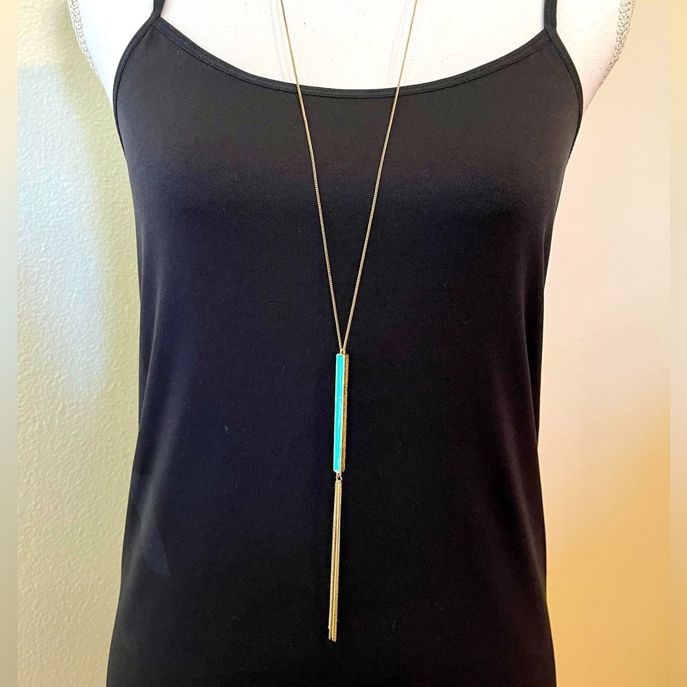 Long Turquoise and Gold Tassel Necklace Sleek Boho Western
